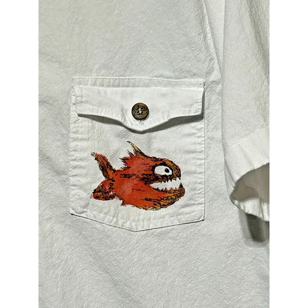 Vintage Pirana Joe Hawaiian Shirt Belize‎ Men M White Button Up Graphic Beach